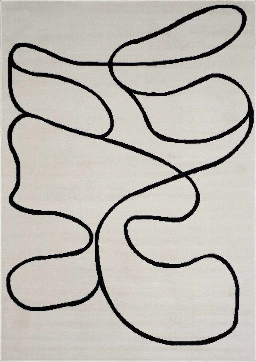 Close-up of the Eilir Modern Low Profile Boho Rug. Bone rug with a bold, abstract black line design. Design-Rectangle