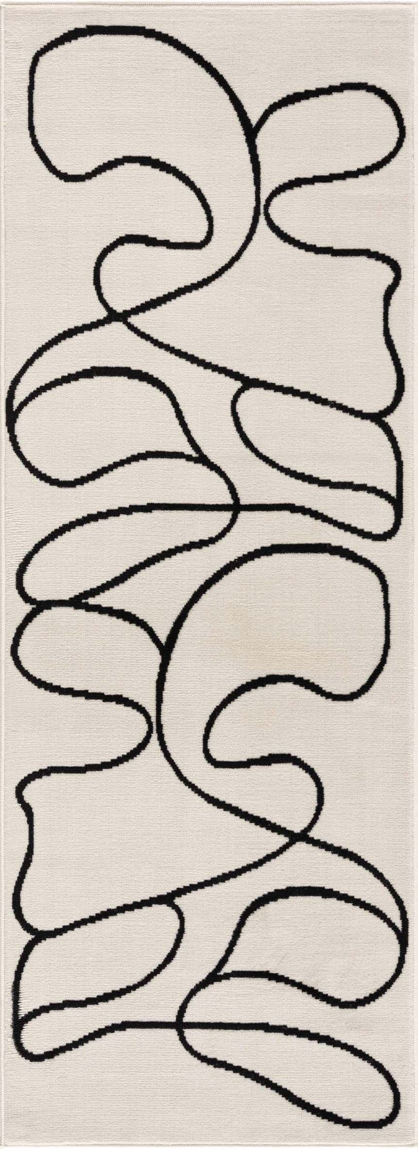Close-up of the Eilir Modern Low Profile Boho Rug. Bone rug with an abstract black line design. Design-Runner-2773