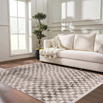 Living room with a beige sofa and the Benjy Irregular Checkboard Rug in beige, cream, and tan. Roomscene-Rectangle
