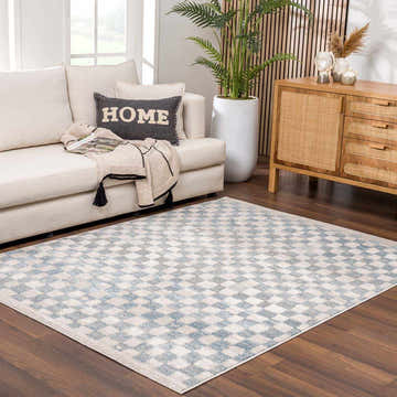 Living room scene with a cream sofa and the Benjy Cream & Light Blue Checkered Area Rug on a wood floor. Roomscene-Rectangle