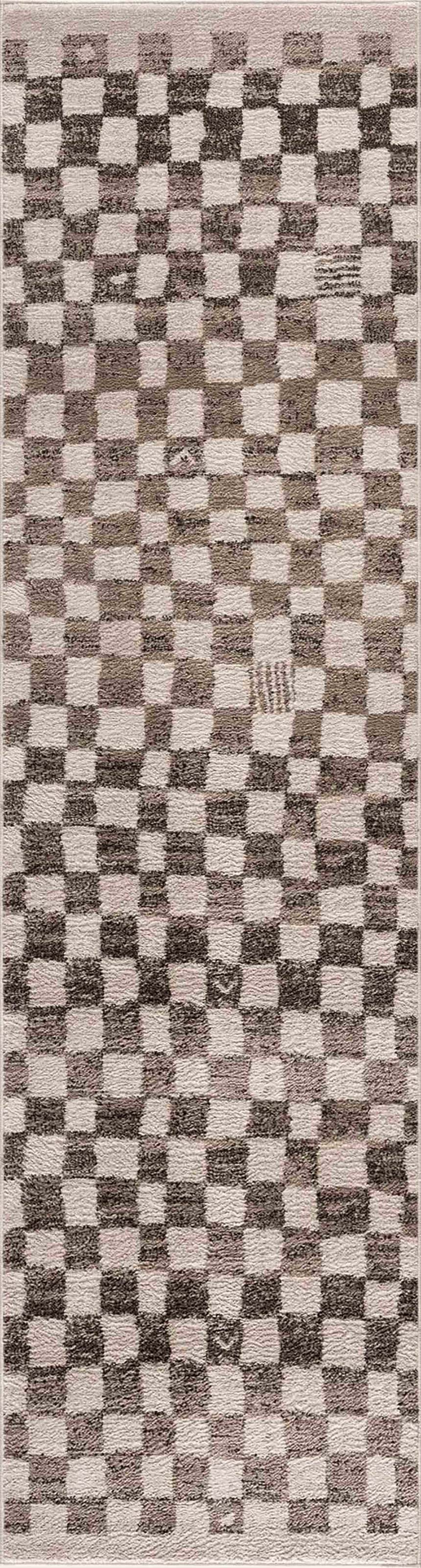 Close-up of the Benjy Cream & Charcoal Checkered Area Rug. Contemporary checkered design with cream and charcoal hues. Design-Runner