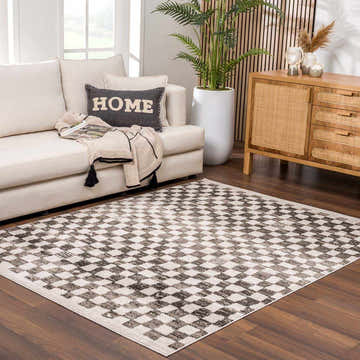 Living room with a cream sofa and Benjy Cream & Charcoal Checkered Area Rug on a wood floor. Roomscene-Rectangle