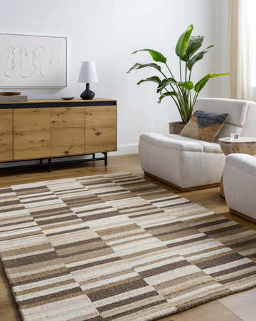 Living room scene with a beige Amrita Area Rug, light wood cabinet, and cream armchairs. Roomscene-Rectangle
