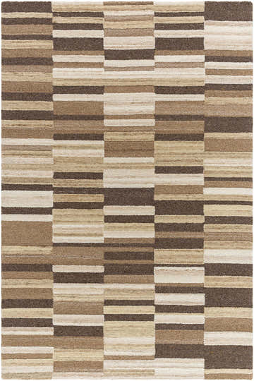 Close-up of the Amrita Beige Area Rug featuring a geometric block pattern in beige, cream, tan, and brown wool. Design-Rectangle-576