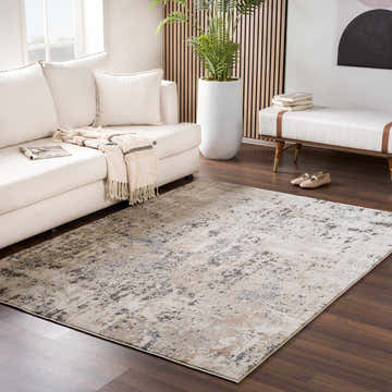 Living room with a Pewamo Area Rug in beige, brown, and charcoal tones under a white sofa. Roomscene-Rectangle