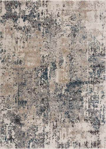 Close-up of the Enoree Area Rug: a contemporary rug with black, blue, beige, and brown abstract patterns. Design-Rectangle-537