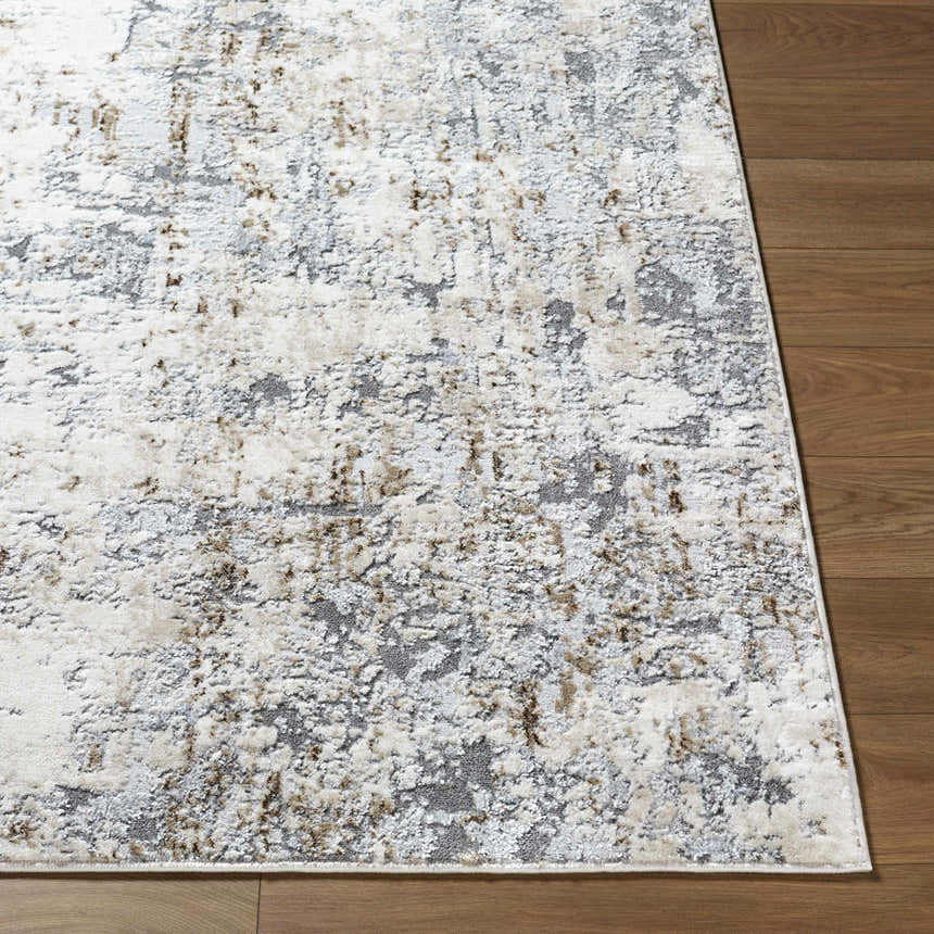 Close-up of the Avital Neutral Abstract Area Rug, showing charcoal, gray, light brown, and white tones. Front