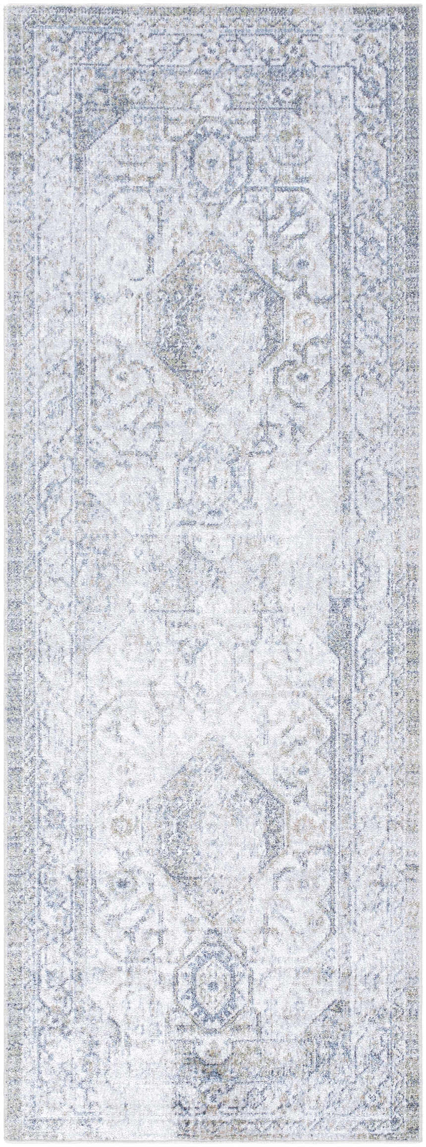 Close-up of the Annlea Washable Area Rug. Farmhouse style rug with traditional blue, sage, and white pattern. Design-Runner-2773