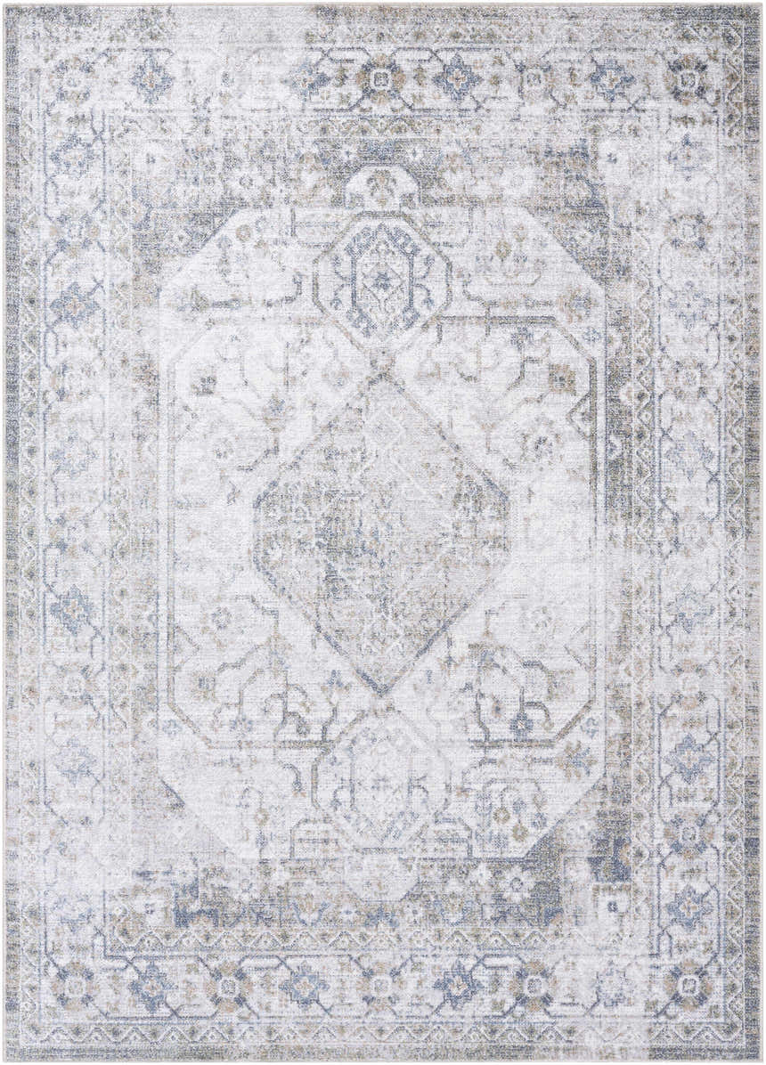 Close-up of the Annlea Washable Area Rug. Farmhouse style rug in blue, sage, and white with a traditional, distressed pattern. Design-Rectangle-537