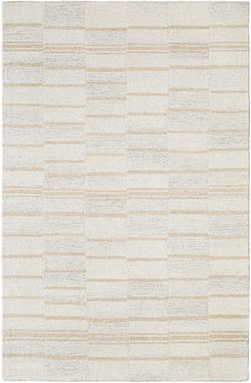 Close-up of the Paiva Modern Wool Rug. Cream, tan, and taupe stripes and blocks create a textured, farmhouse design. Design-Rectangle-576
