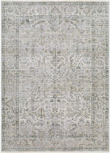 Close-up of the Allaun Area Rug. Traditional farmhouse style with charcoal, light, and medium gray floral and geometric patterns. Design-Rectangle-679