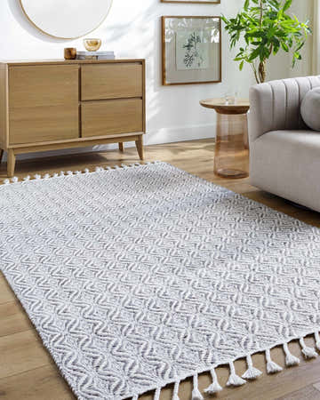 Living room scene with the Anelia Medium Gray Area Rug, light wood furniture, and neutral decor. Roomscene-Rectangle