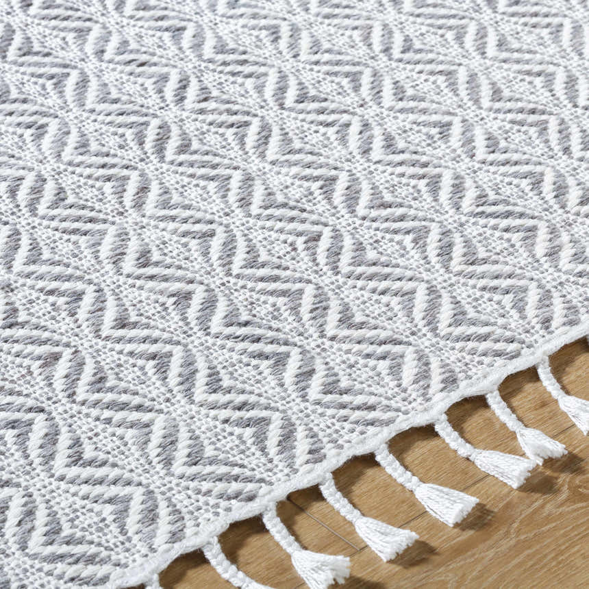 Close-up of the hand woven Anelia Medium Gray Area Rug featuring a geometric pattern and white tassels. Texture