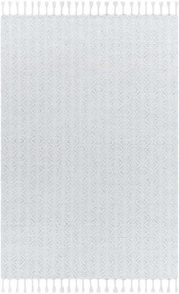 Close up of the Anelia Powder Blue Area Rug. Hand woven with ivory and powder blue diamond pattern and tassels. Design-Rectangle-576