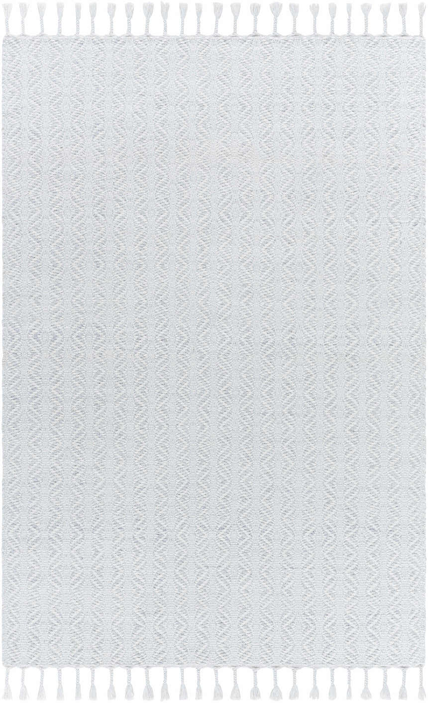 Close up of the Anelia Powder Blue Area Rug. Hand woven with ivory and powder blue diamond pattern and tassels. Design-Rectangle-576