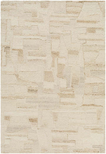 Close-up of the Aintza Area Rug. Hand-tufted wool rug in beige, cream, ivory, and tan with a subtle geometric pattern. Design-Rectangle-576