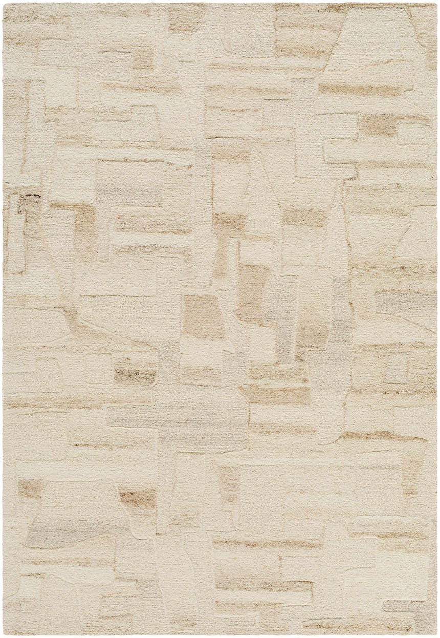 Close-up of the Aintza Area Rug. Hand-tufted wool rug in beige, cream, ivory, and tan with a subtle geometric pattern. Design-Rectangle-576