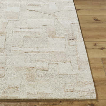 Close-up of the hand-tufted Aintza Area Rug. Beige, cream, and tan wool rug with a geometric pattern. Farmhouse style. Front