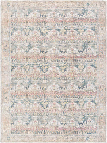 Close-up of the Arushi Washable Area Rug, featuring a traditional design in cream, green, orange, rust, and tan hues. Design-Rectangle-537