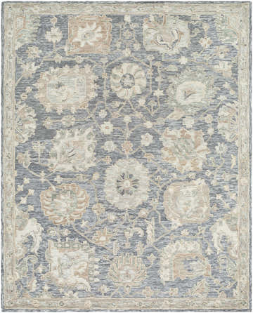 Detailed Auryon Hand Tufted Oushak Wool Area Rug with slate blue background and off-white floral pattern. Design-Rectangle-810