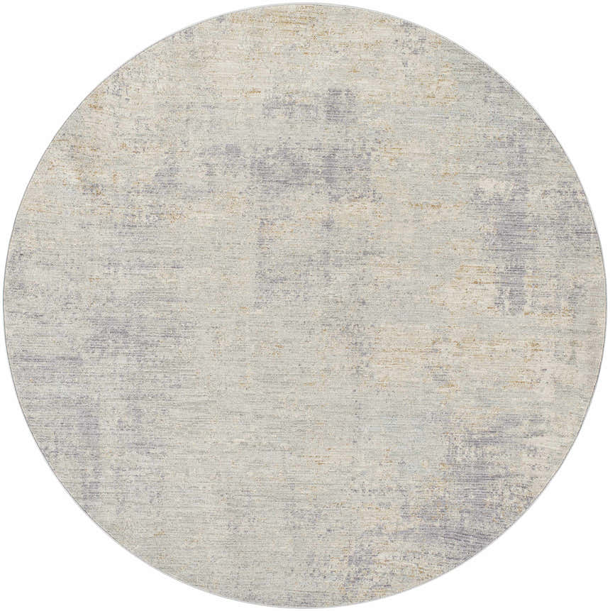 Round Razi Avant Garde rug close-up. Abstract design in dusty sage, charcoal, brown, and gray. Luxe polyester texture. Design-Round-67