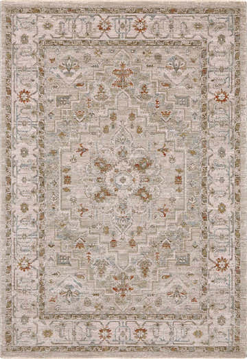 Close-up of the Richelieu Thick Luxe Turkish Rug; beige, brick red, and olive colors with traditional oriental pattern. Design-Rectangle