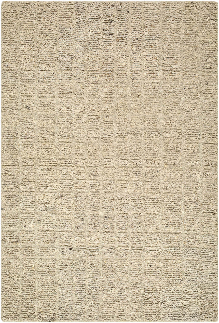 Close-up of the Asahel Ivory Area Rug. Hand-tufted wool rug with a subtle striped pattern and textured design. Design-Rectangle-576