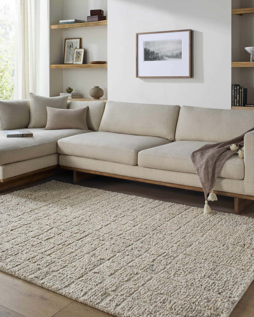 Living room scene with a neutral sectional sofa and the Asahel Ivory Area Rug. Roomscene-Rectangle