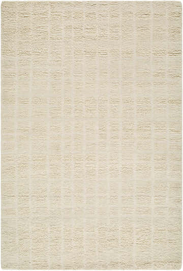 Close-up of the hand-tufted Asahel Cream Area Rug. Cream wool rug with a subtle, textured grid pattern. Farmhouse style. Design-Rectangle-576