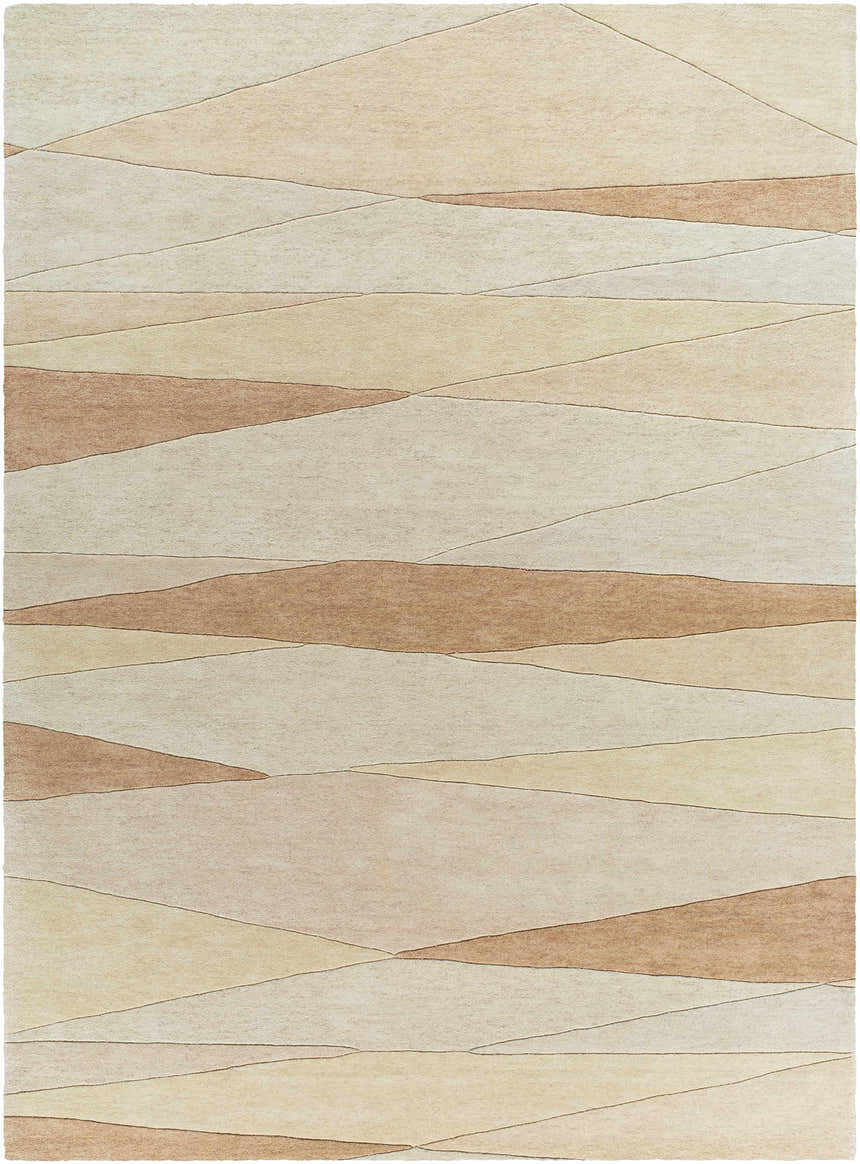 Close-up of the Robin Modern Wool Rug. Caramel and cream geometric pattern, hand-tufted texture. Design-Rectangle-811