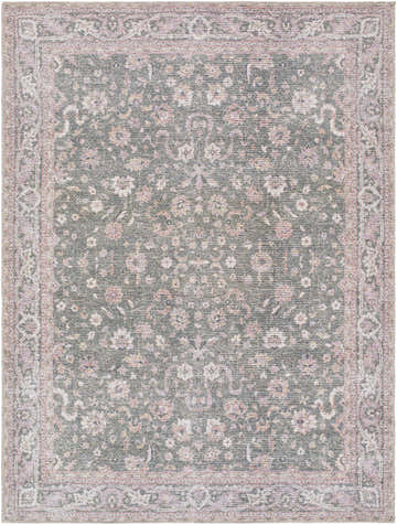 Close-up of the Anando Washable Area Rug. Machine-woven polyester rug in cream, green, orange, and pale pink floral pattern. Design-Rectangle-537