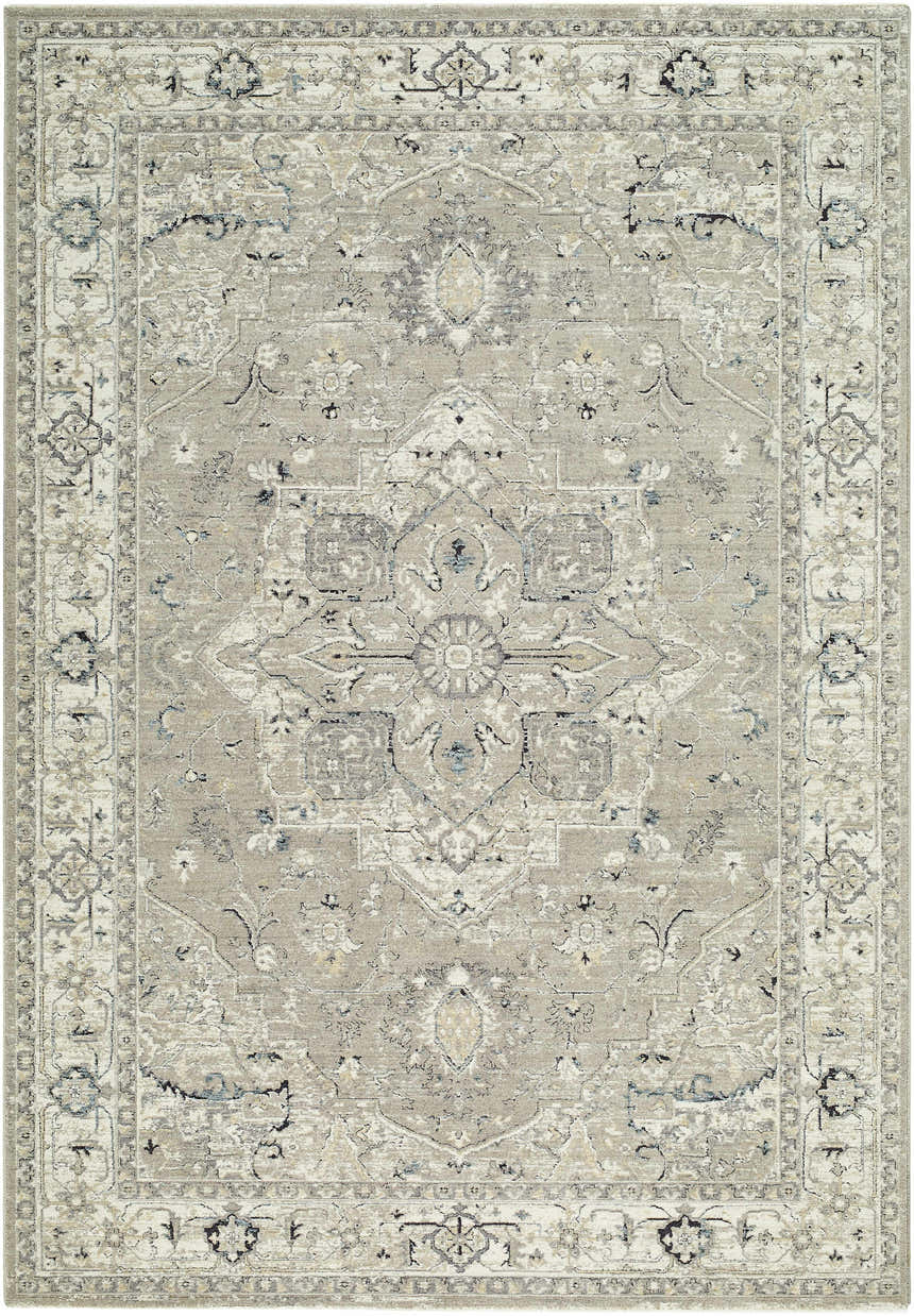 Close-up of the Ayzize Beige Area Rug, a traditional rug with beige, charcoal, ivory, and slate blue tones. Design-Rectangle-6796