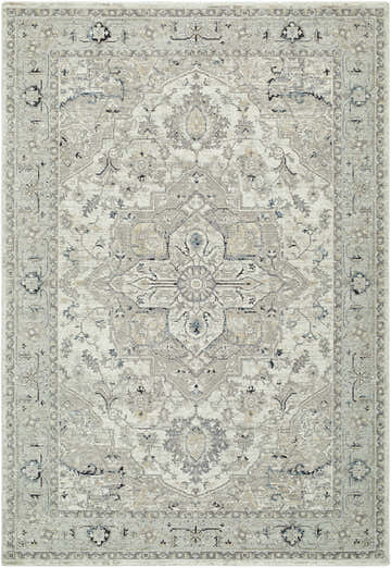 Close-up of the Ayzize Ivory Area Rug featuring a traditional floral pattern in charcoal, ivory, and sky blue tones. Design-Rectangle-6796