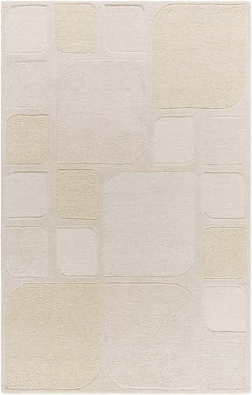 Close-up of the Antwan Area Rug, a hand-tufted wool rug with a contemporary geometric pattern in beige, cream, ivory, and tan. Design-Rectangle-576