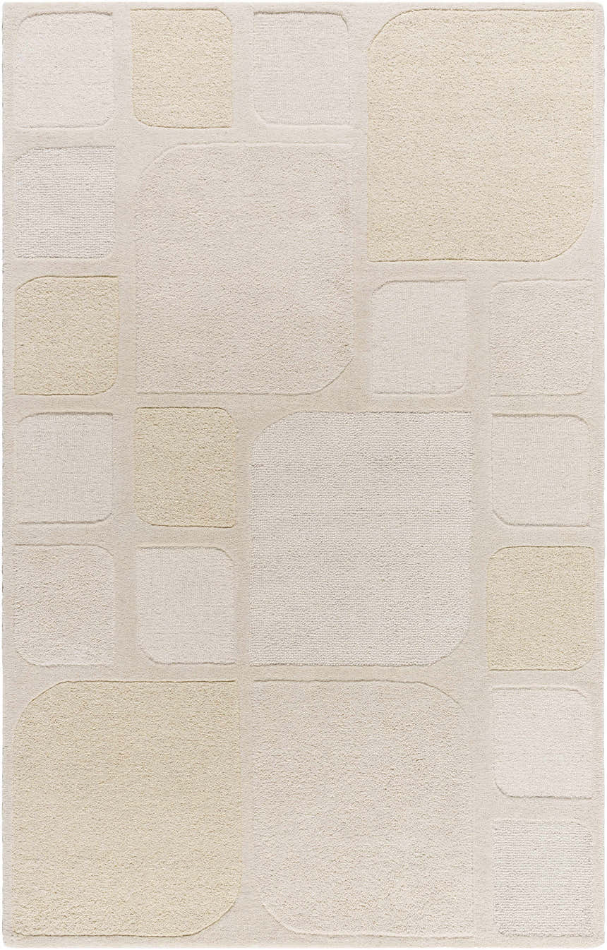 Close-up of the Antwan Area Rug, a hand-tufted wool rug with a contemporary geometric pattern in beige, cream, ivory, and tan. Design-Rectangle-576