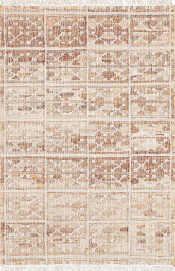 Close-up of the Rice Handcrafted Fringed Jute Carpet. Natural jute rug with cream, tan, and light gray floral block pattern. Design-Rectangle