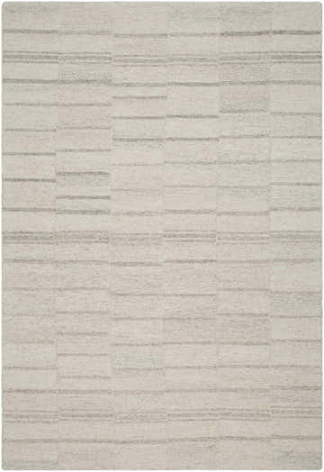 Close-up of the Onika Modern Wool Rug. Hand-tufted rectangle rug in ash and light gray with a subtle horizontal stripe pattern. Design-Rectangle-576