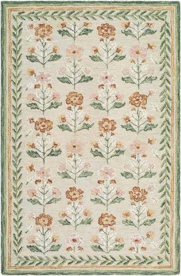 Close-up of the hand-tufted Acacia Area Rug. Floral design in pink, brown, and green with a leaf border on a cream background. Design-Rectangle-576