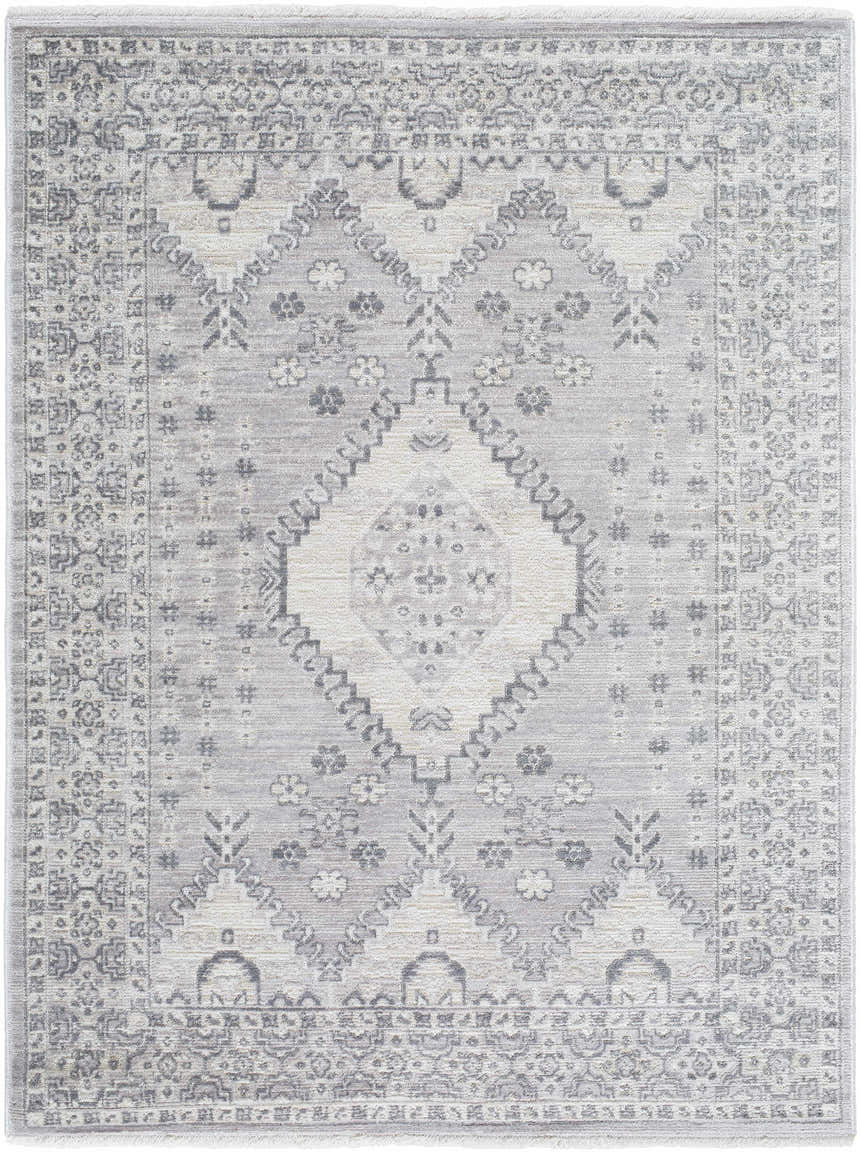 Close-up of the Aoibhe Area Rug. Machine-woven polyester rug in ivory, medium gray, and slate gray with a traditional floral pattern. Design-Rectangle-57