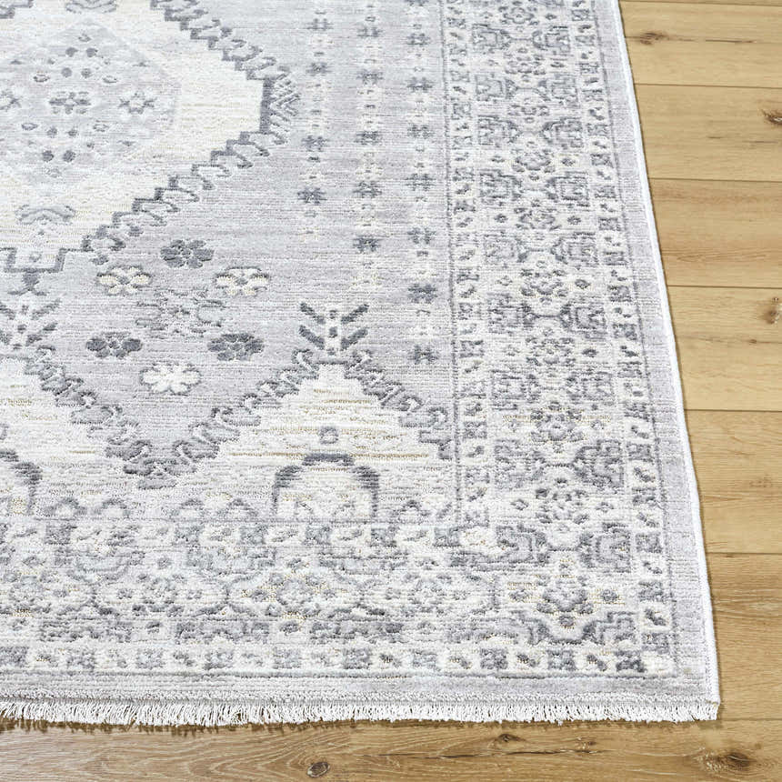 Close up of the Aoibhe Area Rug featuring a traditional ivory and gray pattern with a subtle texture. Front