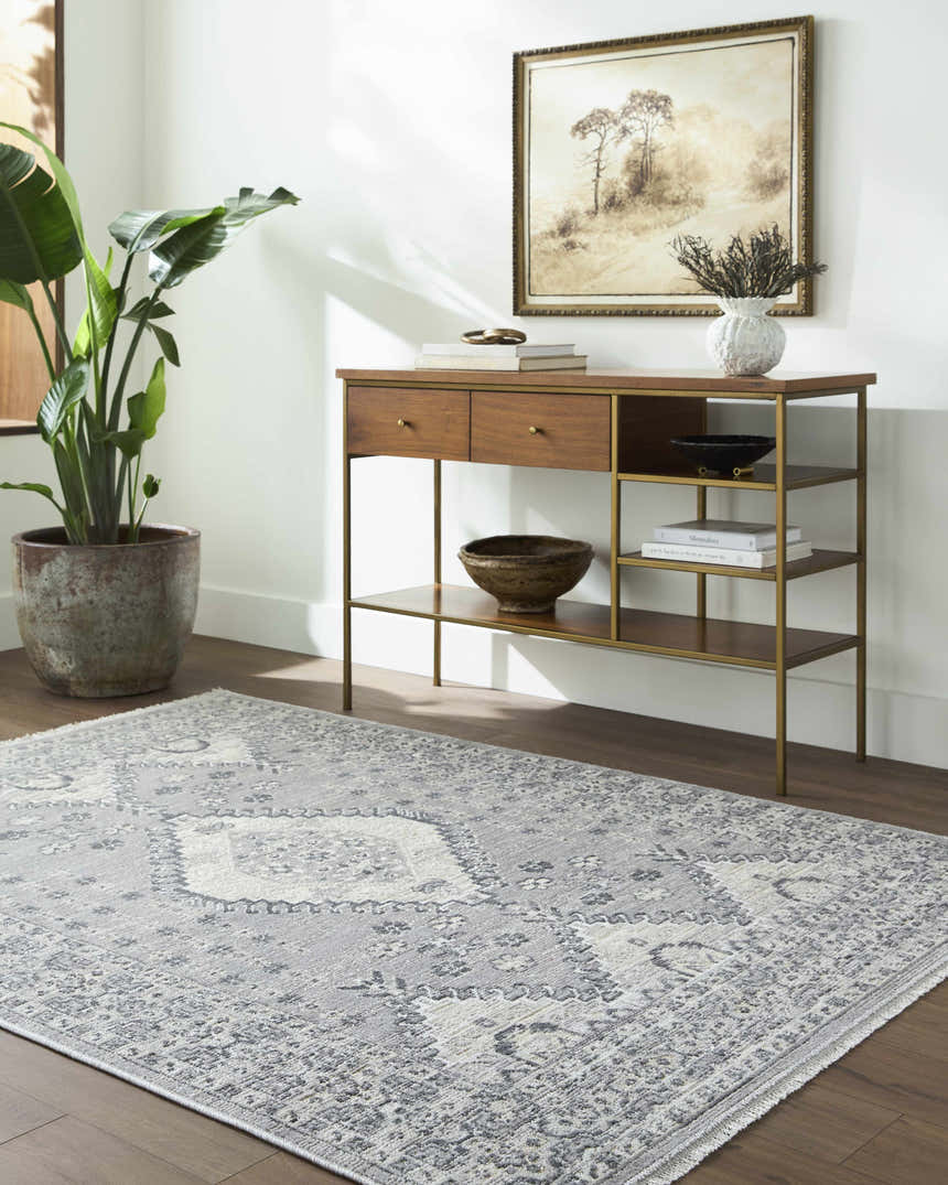 Entryway with Aoibhe Area Rug in ivory and gray, wood console table, potted plant, and neutral artwork. Roomscene-Rectangle