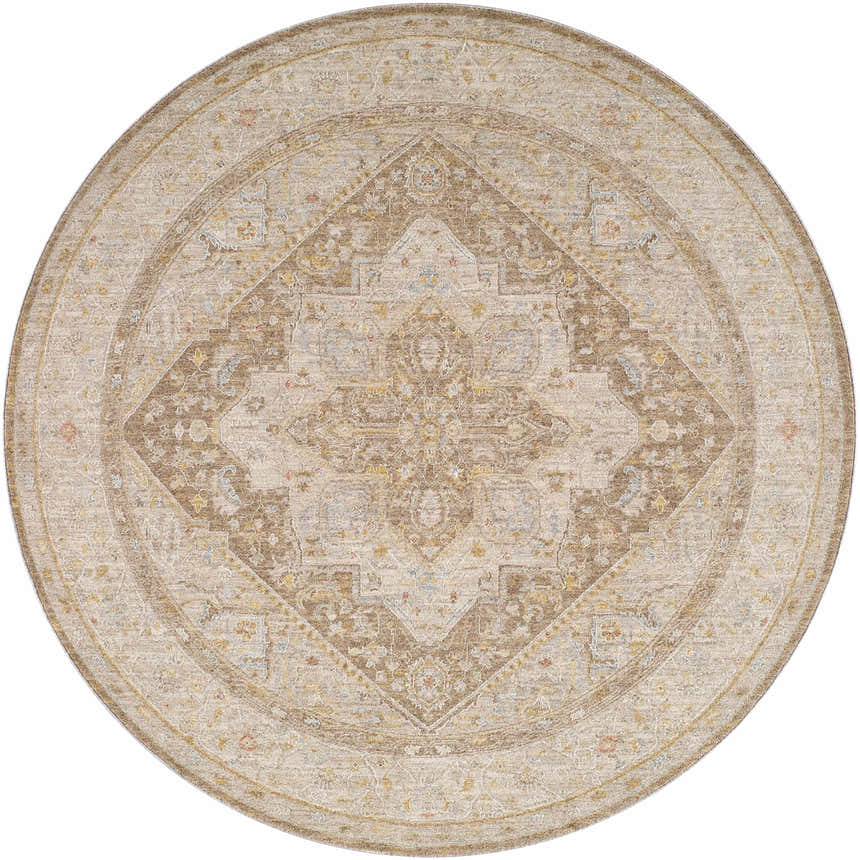 Close-up of round Roni Traditional Thick Luxe Turkish Rug with amber, brown, and taupe farmhouse-style design. Design-Round-53