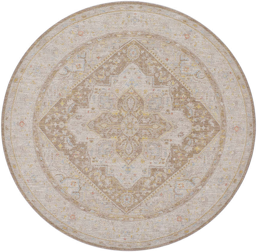 Round Roni Traditional Thick Luxe Turkish Rug in amber, brown, and taupe. Clearance rug with farmhouse style. Design-Round-67