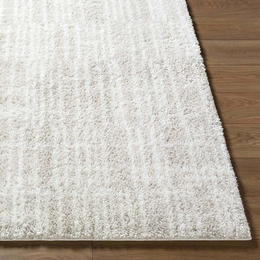 Close up of the ivory Alamea Area Rug showing its shag texture on a wood floor. Front