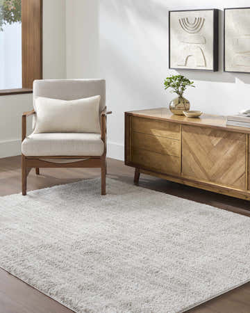 Living room scene with ivory Alamea area rug, beige chair, and wooden cabinet with modern art. Roomscene-Rectangle