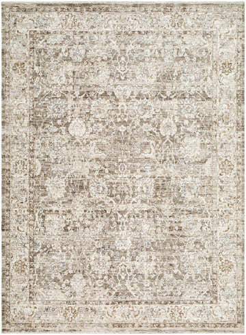 Close-up of the Wyeth Area Rug. Cream, dark brown, and red farmhouse style floral pattern. Machine woven polyester rug. Design-Rectangle-576