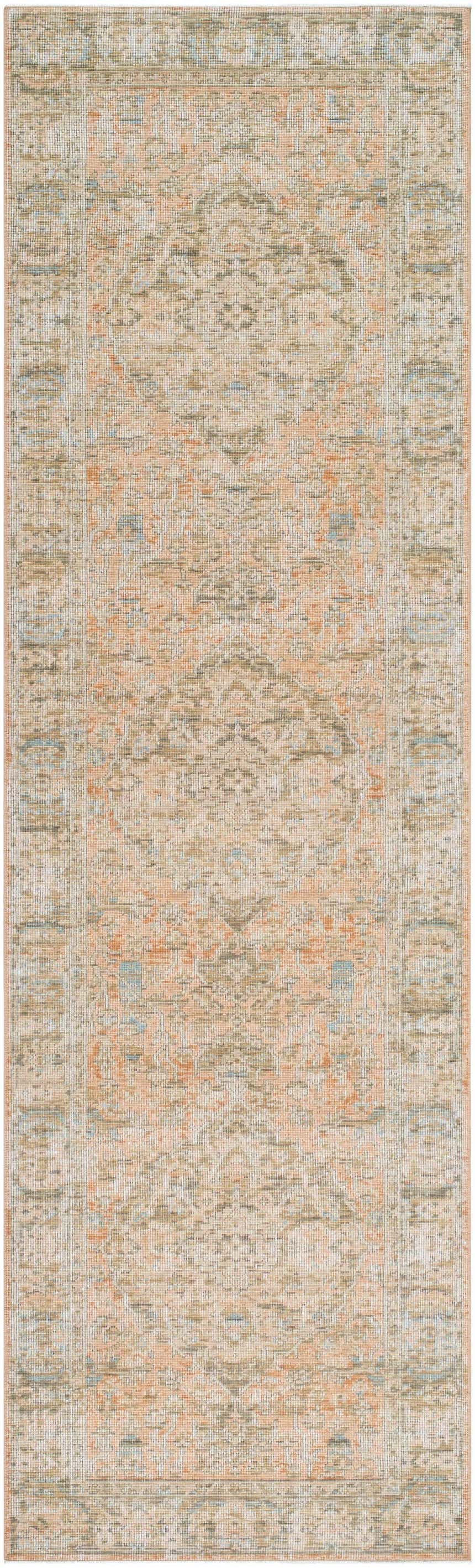 Close-up of Becki Owens x Livabliss Renaissance BORI-2301 runner rug. Beige, denim, coral, tan, and taupe farmhouse traditional design. Design-Runner