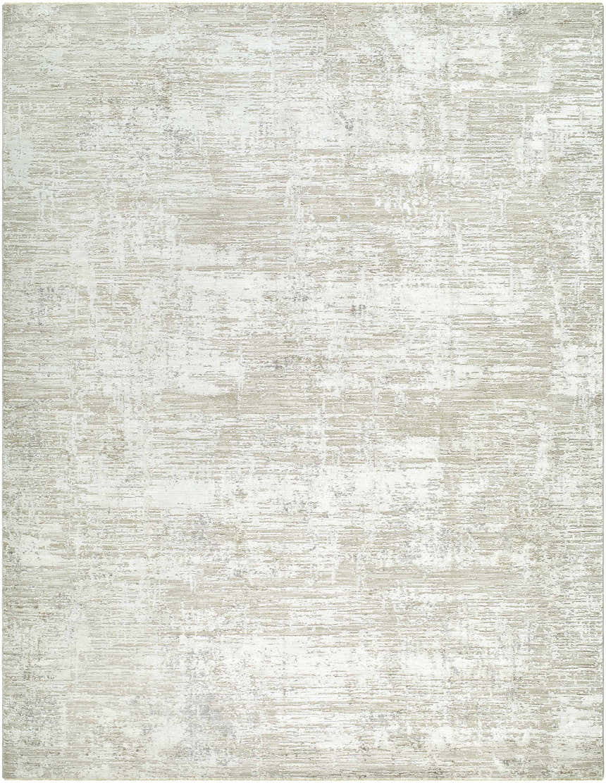 Close-up of the Arturo Area Rug. Contemporary style with a distressed light gray and ivory pattern. Design-Rectangle-710102