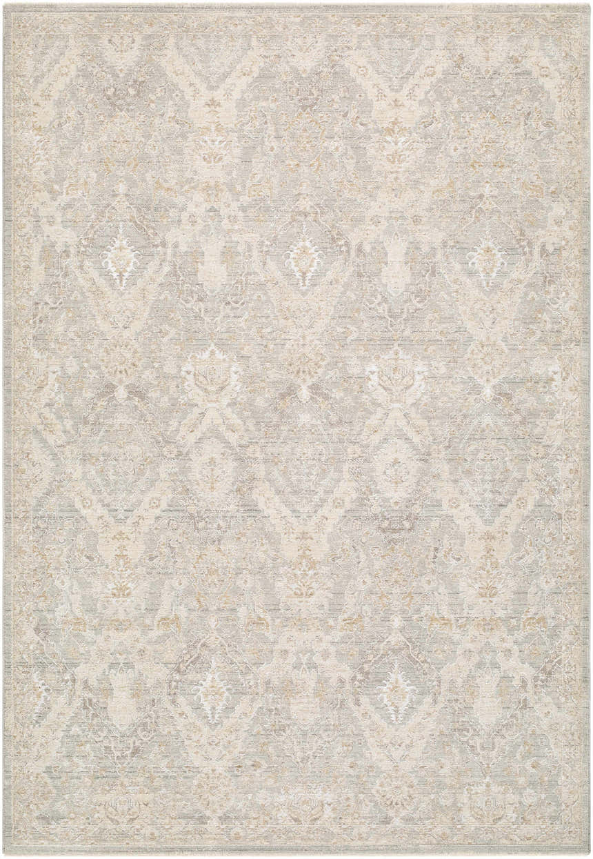 Close-up of Almaas Sage rug. Farmhouse style rug with ivory, gray, sandstone, and taupe traditional pattern. Design-Rectangle-6796