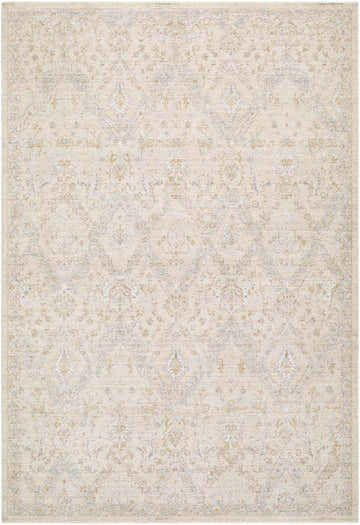 Close-up of the Almaas Cream Thick Luxe Area Rug featuring a traditional, subtle diamond and floral pattern. Design-Rectangle-6796